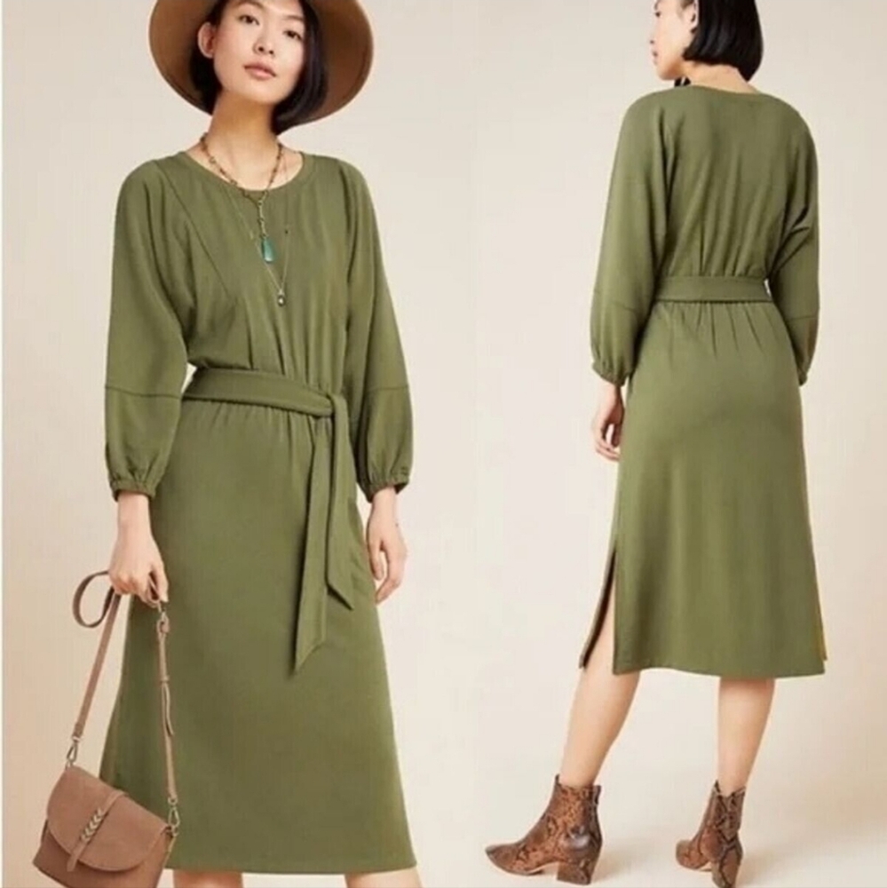Anthropologie Elegant Green Sheath Dress with Bishop Sleeves and po…